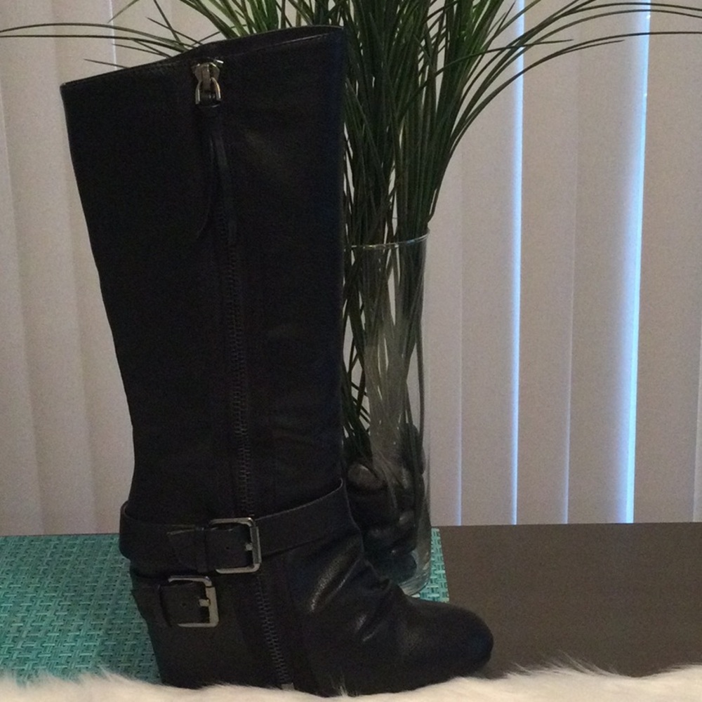 Black Faux Leather Calf-High Wedge Boots